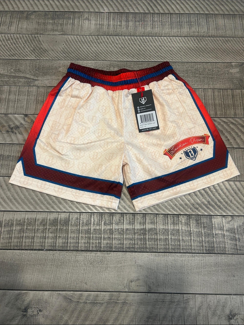 Kids Athletic Mesh Shorts in Cream with Red & Blue Trim